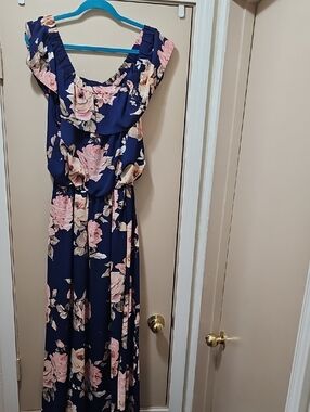 Floral Navy Maxi Dress with Pink Rose Print